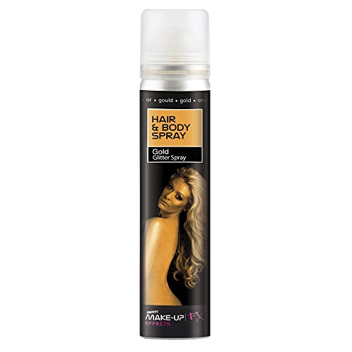 Tall black spray can with gold label and image of a woman.