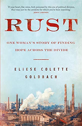 Book cover for “Rust” with smokestacks and a pale blue sky.