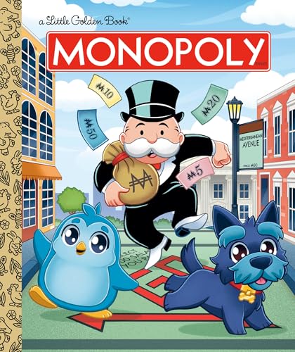 Monopoly board game cover with Mr. Monopoly, a penguin, and a dog.