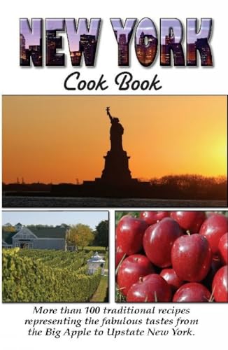 New York Cookbook" cover with Statue of Liberty, apples, and vineyard scenes.
