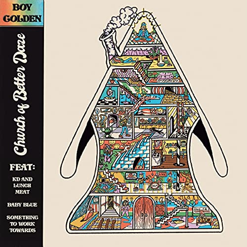 "Album cover featuring a colorful, illustrated church-shaped bong on a beige background."