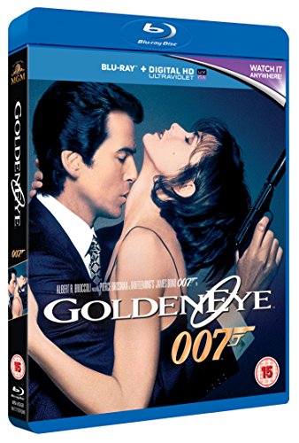 Blu-ray cover of Goldeneye featuring Pierce Brosnan and a woman with a handgun.