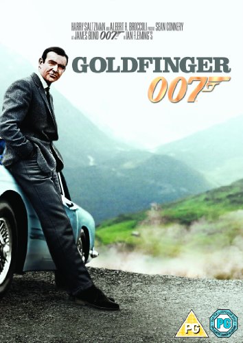 Sean Connery leans against a car in the Goldfinger movie poster with mountain background.