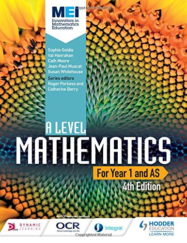 "Textbook cover with 'A Level Mathematics' title, sunflower image, and publisher logos at bottom."