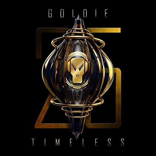 Goldie “Timeless” album cover: black and gold abstract skull design.