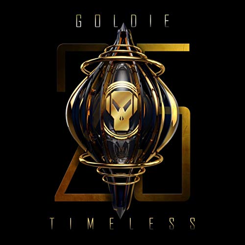 Goldie “Timeless” 25 Year Anniversary CD cover: black and gold abstract design.