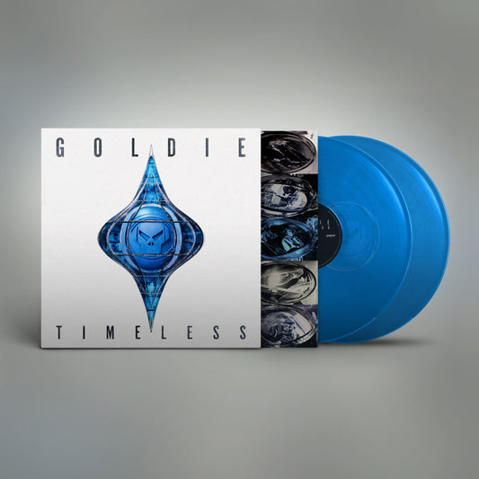 Blue vinyl record of Goldie’s “Timeless” album with jewel-shaped cover art.