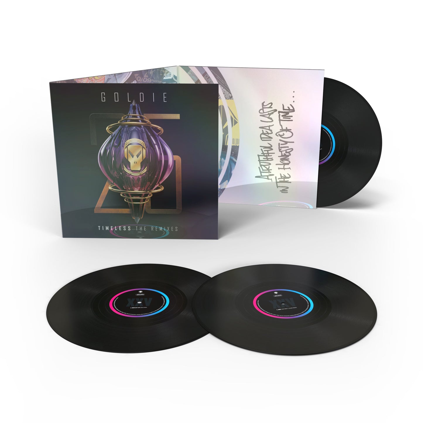 Goldie “Timeless (The Remixes)” 3LP vinyl record set with colorful labels.