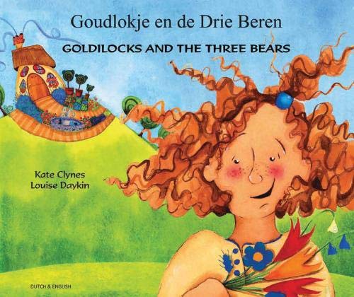 Book cover illustration of Goldilocks with curly hair holding flowers near a small house.