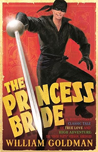 Book cover: masked man with sword, title "The Princess Bride" in gold.