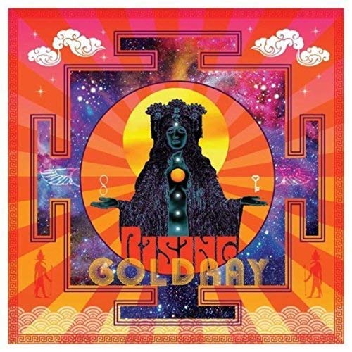 Psychedelic album cover featuring a central dark figure against a vibrant orange sunburst background.