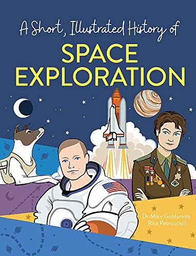 Book cover: astronauts, Laika the dog, a spaceship, and planets.