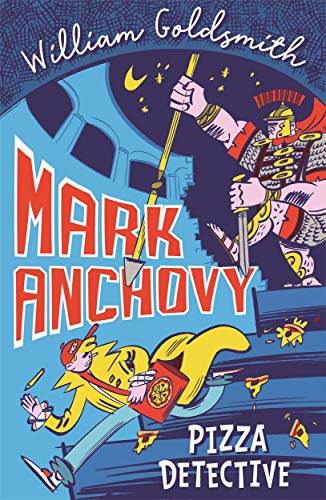 Book cover: cartoon detective with pizza, Roman soldier, and bold text.
