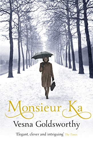 Book cover: woman with umbrella walking down snowy tree-lined avenue.
