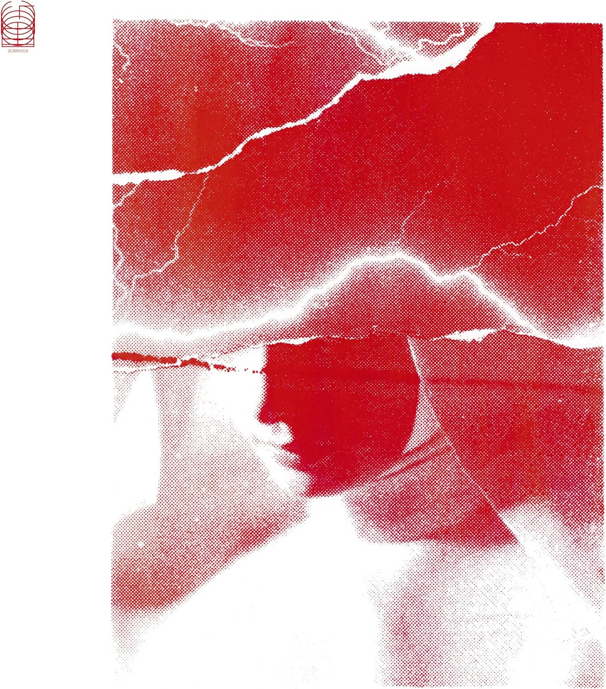 Red halftone portrait of a person with their face obscured.