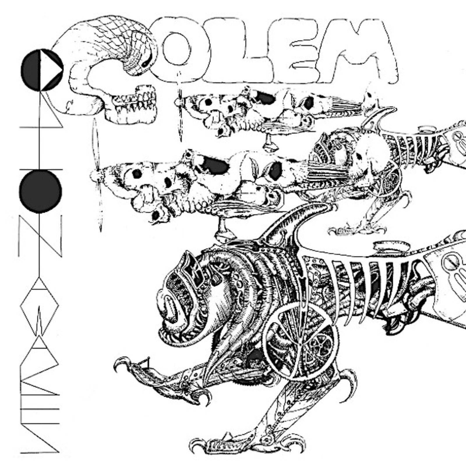 Black and white illustration of skeletal figures and alien forms.