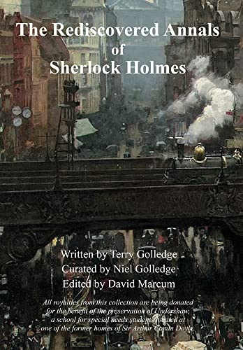 Book cover: "The Rediscovered Annals of Sherlock Holmes" with a Victorian street scene.