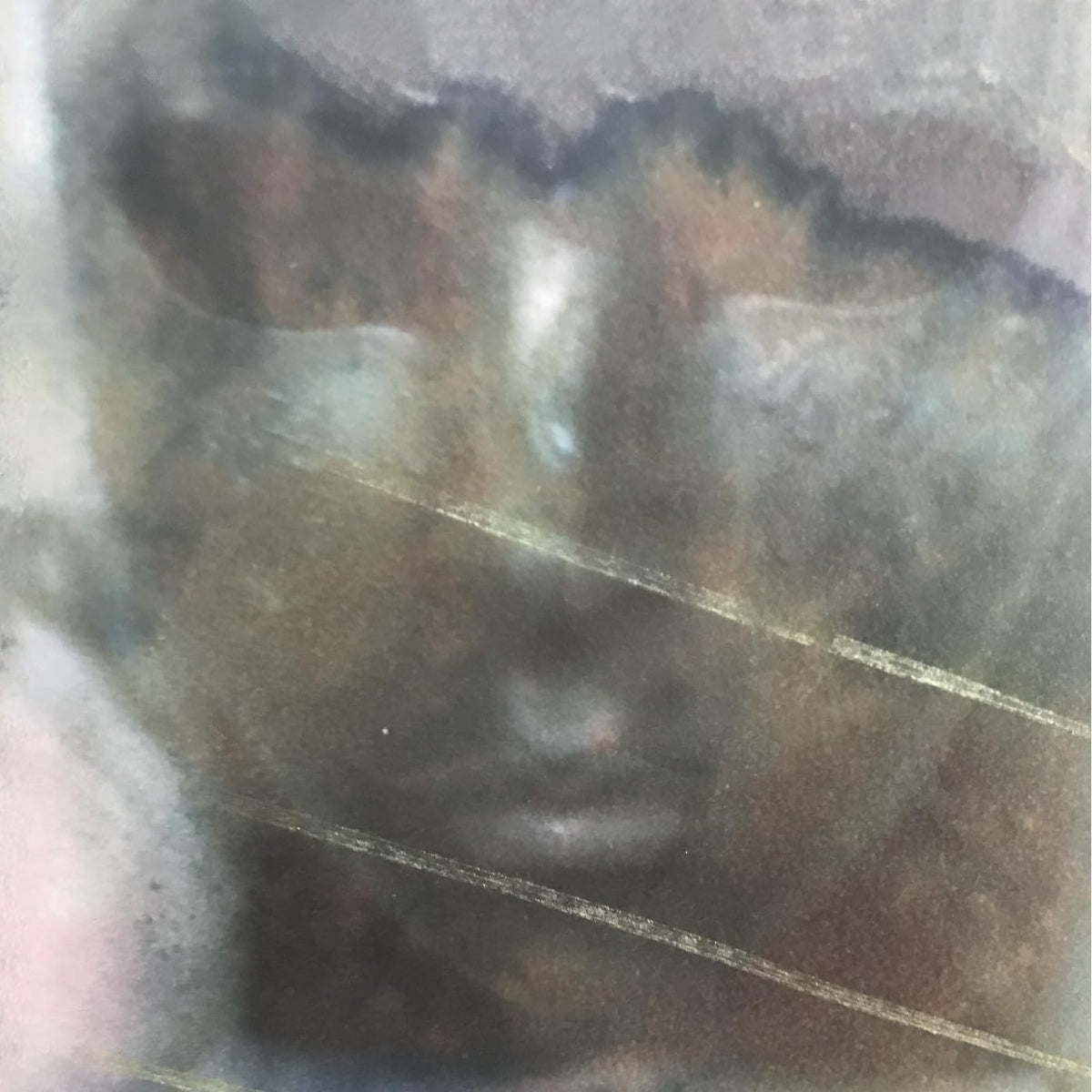 Abstract watercolor painting with muted browns, grays, and a central face.