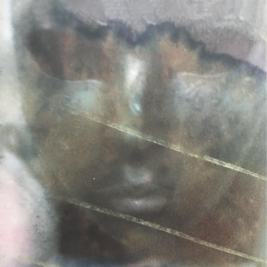 Abstract watercolor painting with muted browns, grays, and a central face.
