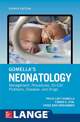 Book cover: "Gomella's Neonatology" with a newborn in a hospital incubator.