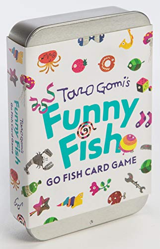 Metal tin of "Funny Fish" Go Fish card game with colorful illustrations.