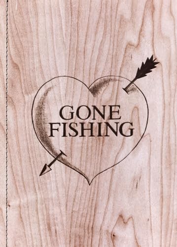 Wood panel with a heart pierced by arrows and text "Gone Fishing".