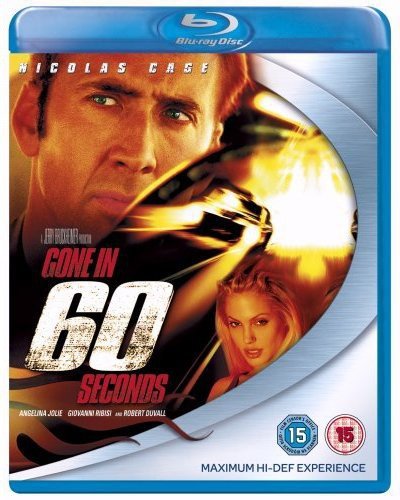 Gone in Sixty Seconds" Blu-ray cover featuring Nicolas Cage and Angelina Jolie.