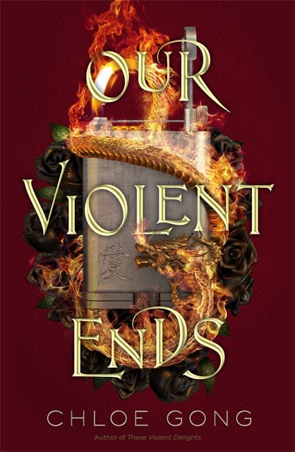Book cover with gold lettering, dragons, roses, and fiery imagery.