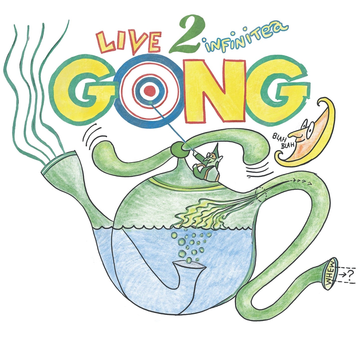 Cartoon illustration of a green teapot, a small gnome, and a crescent moon.