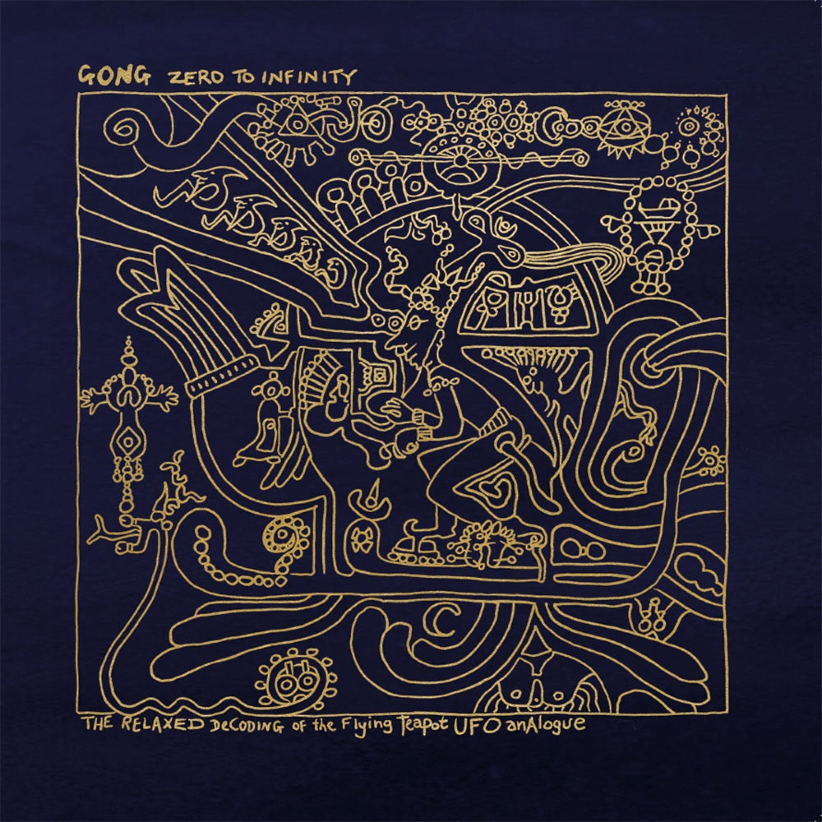 Gold line art on dark blue album cover for Gong’s “Zero To Infinity.”