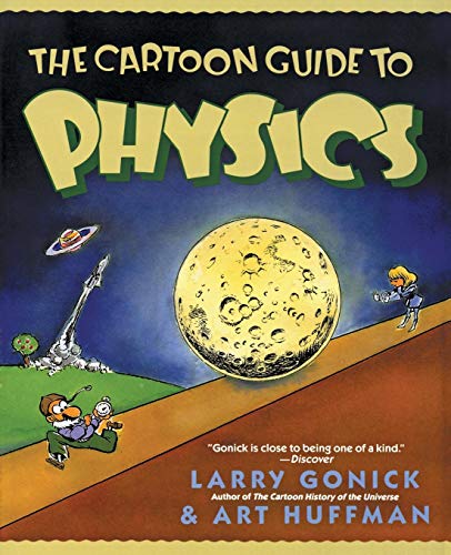 Book cover: "The Cartoon Guide to Physics" with moon, spaceship, and figures.