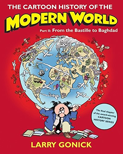 Cartoon book cover depicting a world map held by a cartoon man.