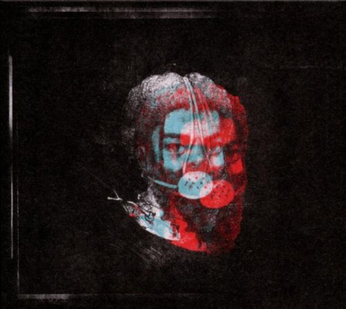 "Album cover with a man's portrait wearing a gas mask, red and blue tones."