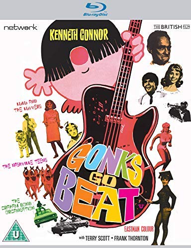 Blu-ray cover art for Gonks Go Beat featuring a large guitar and film cast.