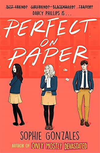 Book cover: "Perfect On Paper" with illustrated characters and school lockers.