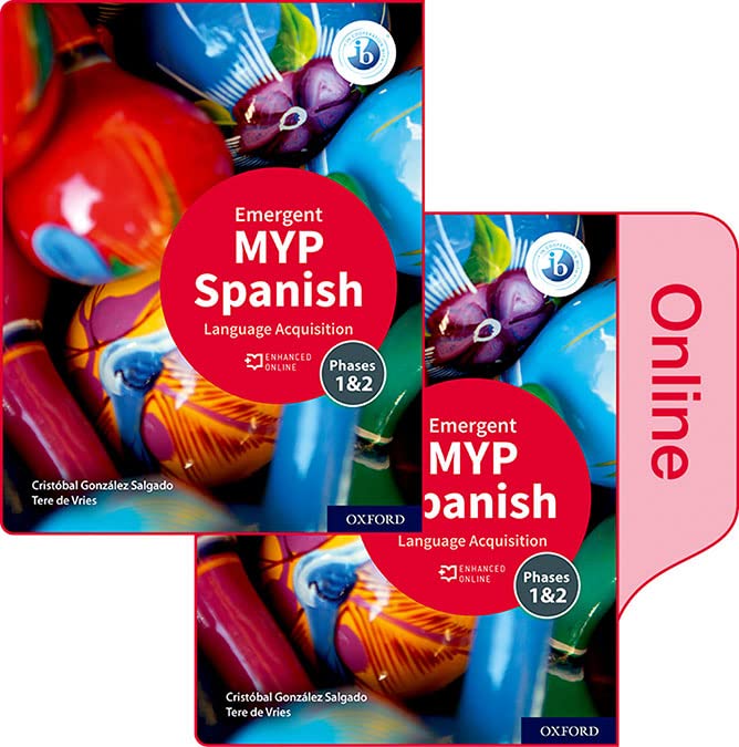 Red and blue textbook cover with colorful fish, titled "Emergent MYP Spanish.