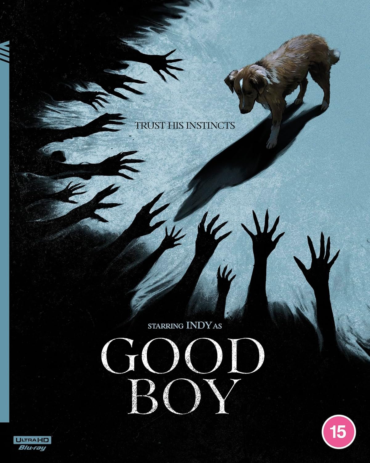 A dog stands above dark reaching hands on a blue and black movie poster.