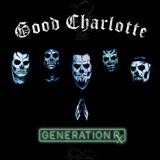"Album cover with blue skulls and 'Good Charlotte' and 'Generation Rx' text on black background."