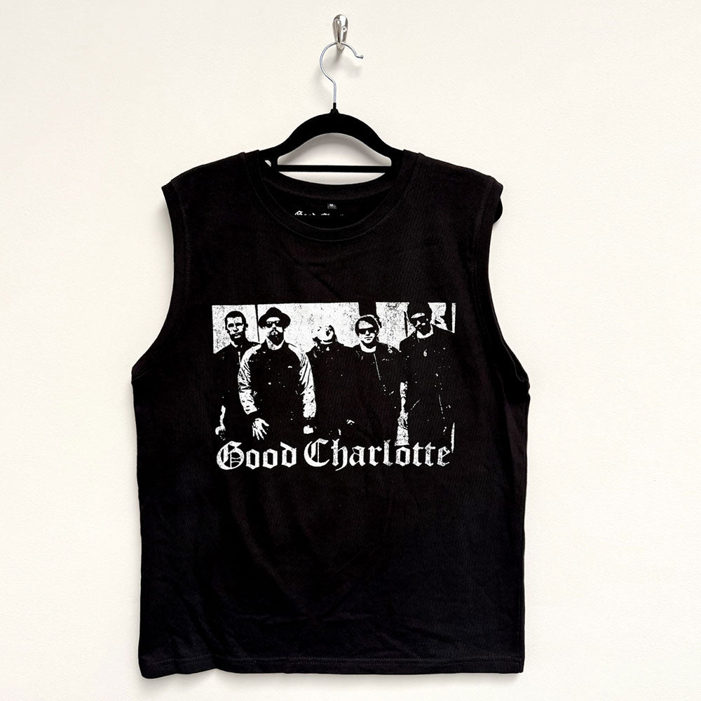 Black tank top featuring a photo of the band Good Charlotte, size medium.