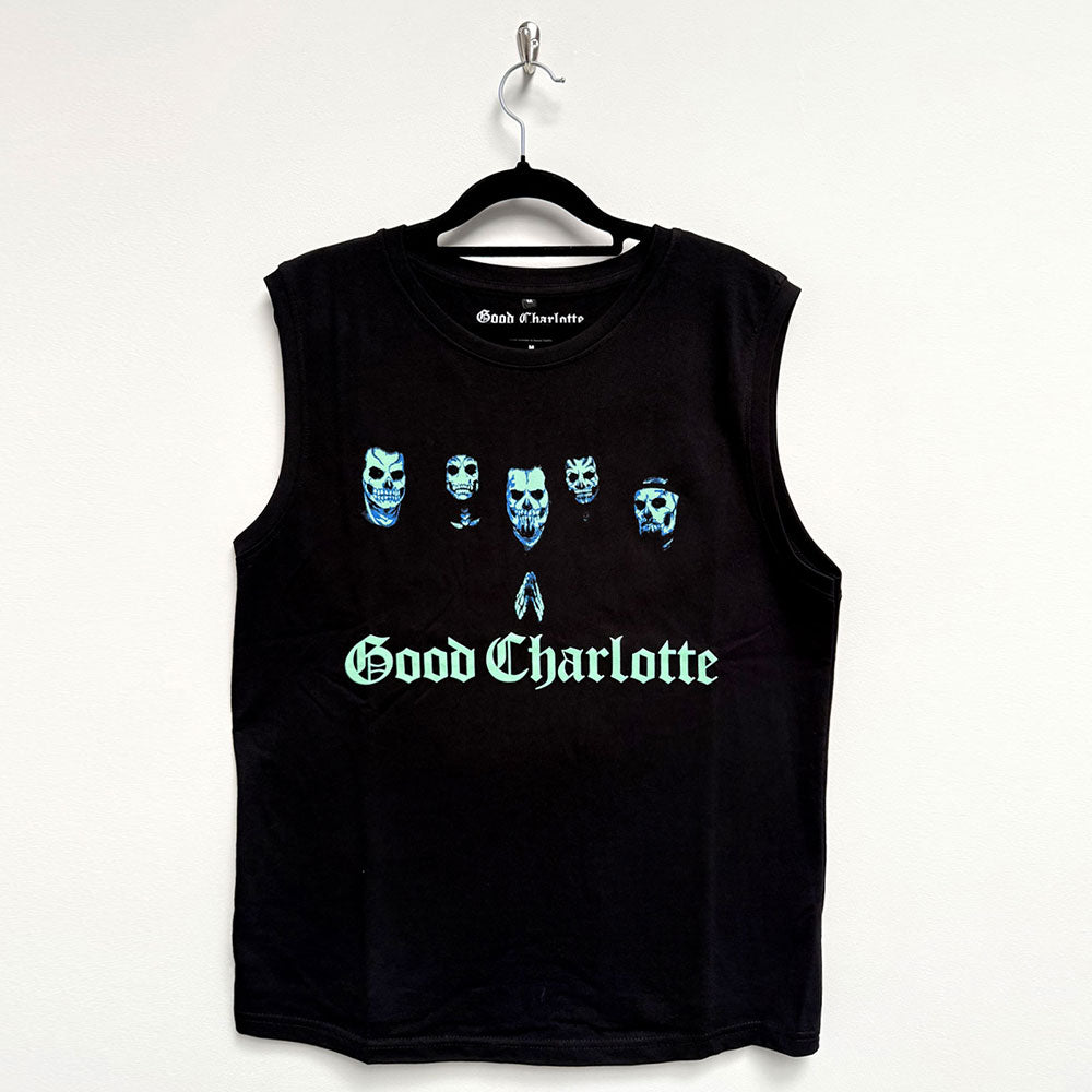 Black unisex tank top featuring a graphic of multiple skull faces from Generation Rx.