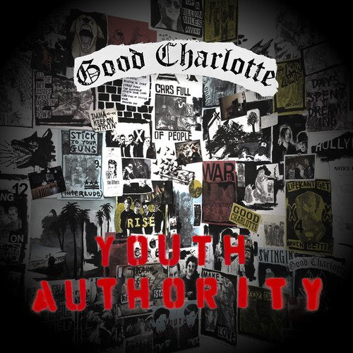 "Album cover with 'Good Charlotte' and 'Youth Authority' text, surrounded by punk rock posters."