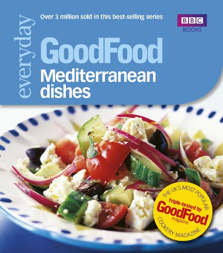 "Cookbook cover with blue background, salad image, and 'GoodFood Mediterranean dishes' title."