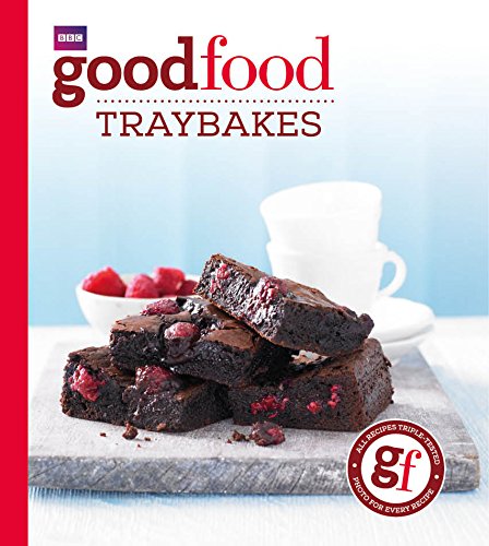 “Good Food: Traybakes” book cover with brownie pieces and berries.