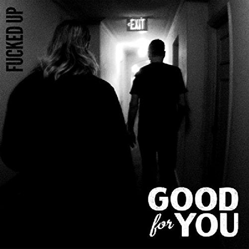 Black and white album cover with two figures walking down a hallway.