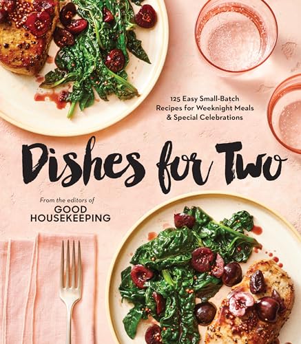 Cookbook cover featuring chicken and spinach with cherries, titled “Dishes for Two.”
