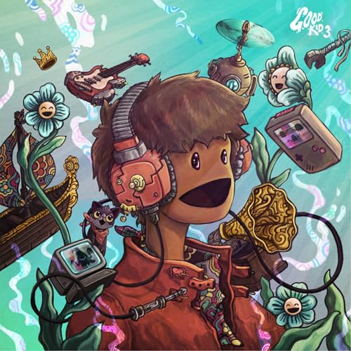Illustration of a young person with headphones surrounded by colorful objects.