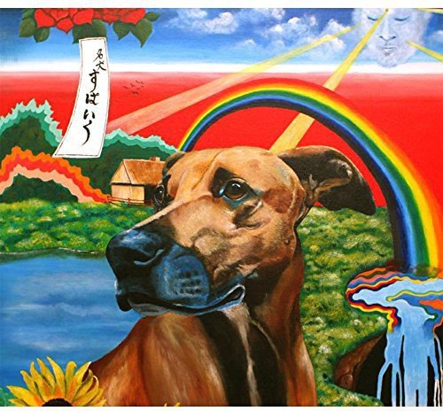 Painted CD cover featuring a dog, rainbow, and surreal landscape.