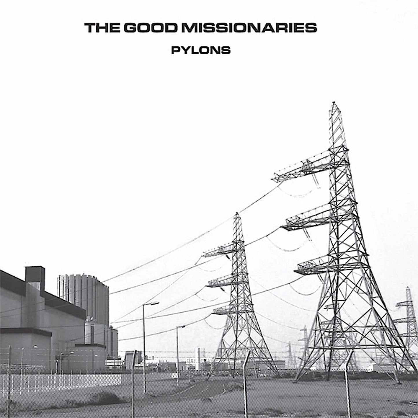 Black and white album cover featuring power pylons and industrial buildings.