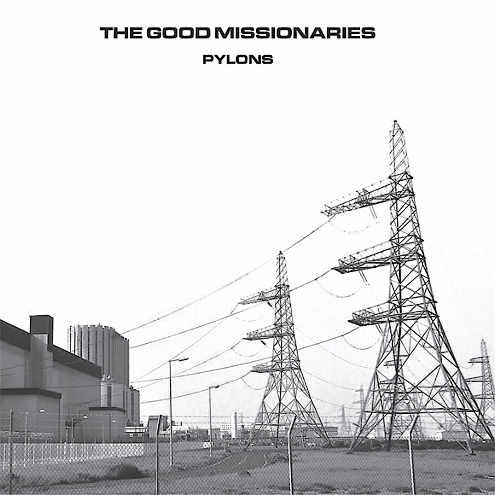 Black and white album cover featuring power pylons and industrial buildings.