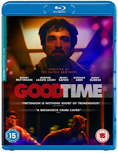 "Blu-ray case with 'Good Time' cover art, featuring a man's face and red title."